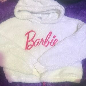 FOREVER 21-*BARBiE*WHiTE FUZZY Hoodie w/ PiNK Stitched Logo!! Size-MED! CuTE!!
